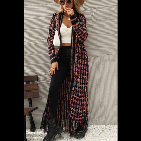 Multicolored Open Front Fringe Hem Cardigan - Picture 2 of 5